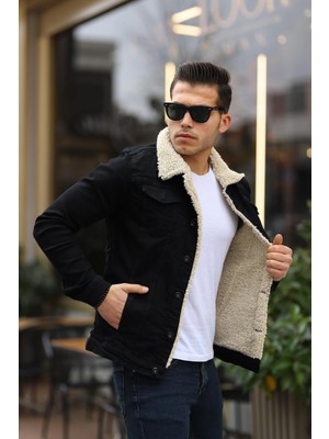 Erkek Trend Kışlık Içi Kürklü Kot Ceket Bej Siyah