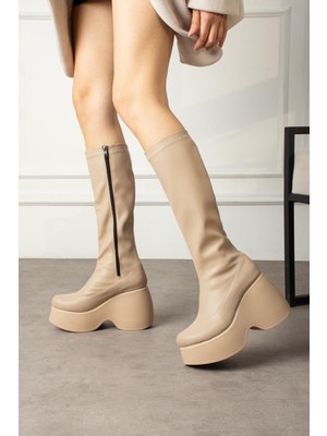 Shoetek Elsje Kadın Çizme Platform Dolgu Topuklu Streçli Nude Deri