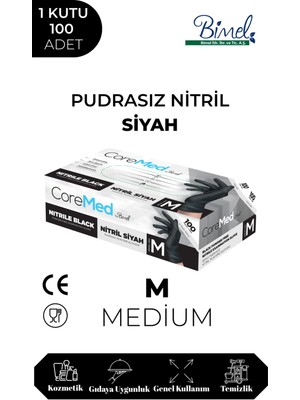 Coremed Nitril Siyah Pudrasız Muayene Eldiveni M - 1 Paket 100 Lü