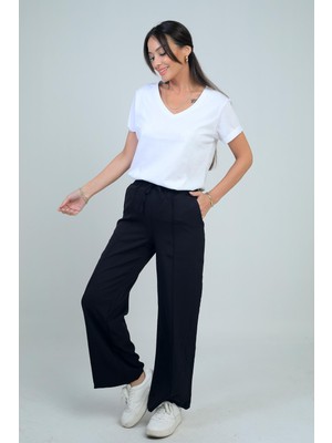 Kadın Beli Lastikli Bağcıklı Yandan Cepli Palazzo Pantolon
