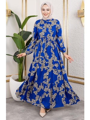 Sefa Merve Leopar Desenli Viskon Elbise 7135-02 Mavi