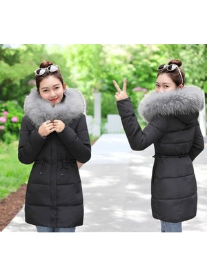 Orta Boy Kürklü Kapüşonlu Su Geçirmez Kadın Siyah Mont