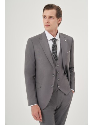  Erkek Gri Poliviskon Slim Fit Mono Yaka Yelekli Takım Elbise
