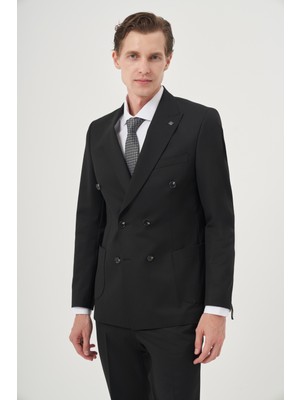  Erkek Siyah Poliviskon Trend Düz Slim Fit Sivri Yaka Kruvaze Takım Elbise