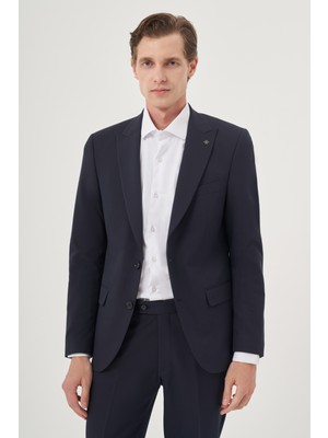  Erkek Lacivert Poliviskon Basic Düz Slim Fit Sivri Yaka Takım Elbise