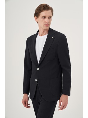  Erkek Lacivert Poliviskon Trend Çizgili Slim Fit Mono Yaka Takım Elbise