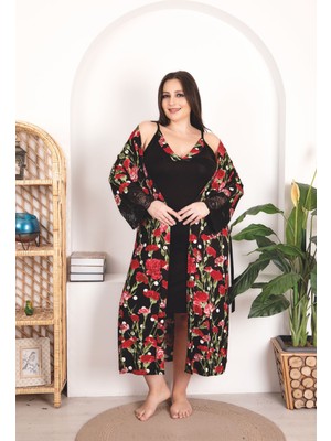 Umestyle Lady Lingerie & Homewear Kırmızı Siyah Çiçekli Ikili Gecelik Takım