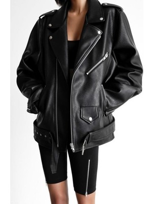 Prifaldi Oversize Uzun Kadın Siyah Deri Ceket