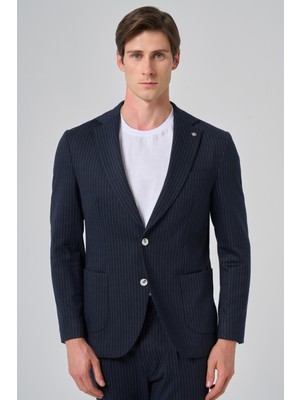  Erkek Lacivert Poliviskon Trend Çizgili Slim Fit Mono Yaka Takım Elbise