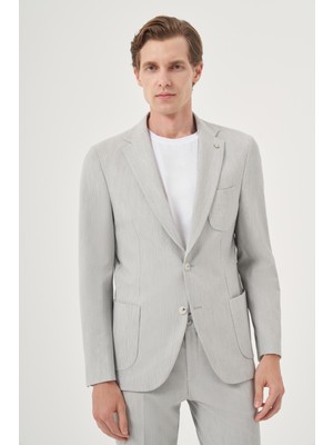  Erkek Gri Poliviskon Trend Çizgili Slim Fit Mono Yaka Takım Elbise