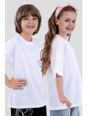 Unisex Çocuk Bisiklet Yaka Kısa Kol %100 Pamuk Oversize Tişört Beyaz