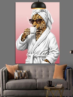 Beyaz Bornozlu ve Gözlüklü Leopar Dekoratif Kanvas - Mdf Ahşap Tablo