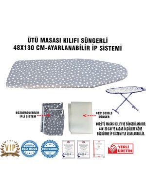 Ütü Masası Kılıfı Vip 48X130 Cm-Süngerli Ütü Bezi Ütü Masası Bezi-Gri Yıldız
