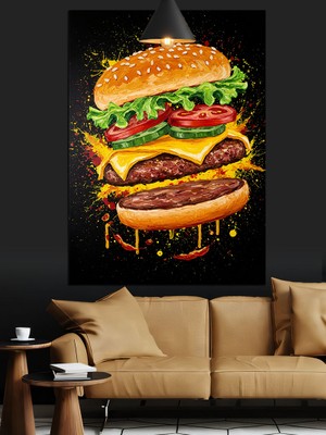 Üç Katlı Büyük ve Lezzetli Hamburger Dekoratif Kanvas - Mdf Ahşap Tablo