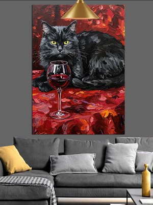 Şarap Kadehi ve Siyah Kedi Dekoratif Kanvas - Mdf Ahşap Tablo