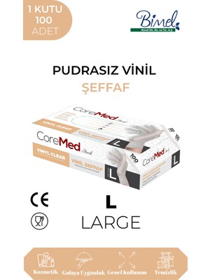Bimel Vinil Şeffaf Pudrasız Muayene Eldiveni L - 1 Paket 100'lü