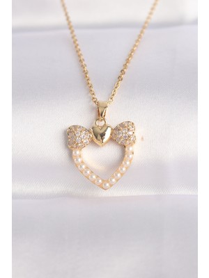 316L Çelik Zincir Altın Renk Inci Taş Detay Zirkon Taşlı Kalp Kolye