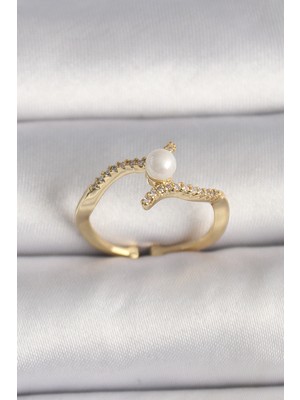 Pirinç Gold Renk Zirkon Taşlı Incili Ayarlanabilir Yüzük