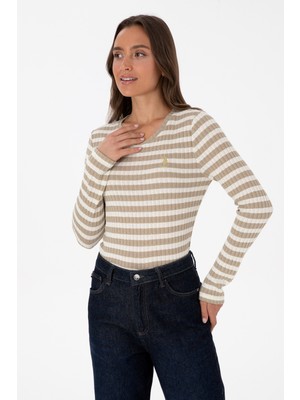 U.S. Polo Assn. Kadın Koyu Bej Çizgili Bisiklet Yaka Sweatshirt 50313888-VR088