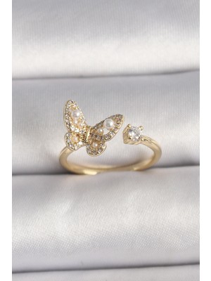 Pirinç Gold Renk Zirkon Taşlı Kelebek Model Inci Detay Ayarlanabilir Yüzük