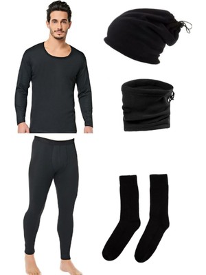 Asker Kolisi Lüx Siyah Termal Içlik Takımı Polar Bere Boyunluk Termal Çorap Seti