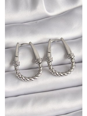 316L Çelik Gümüş Renk Zirkon Taş Detaylı Burma Halka Model Kadın Küpe