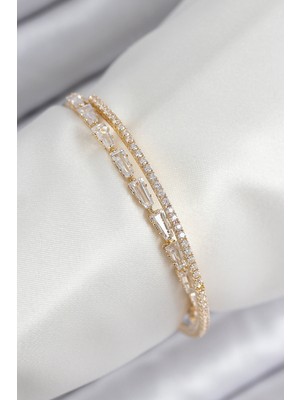 Pirinç Zirkon Taşlı Su Yolu Model Gold Renk Kadın Bileklik