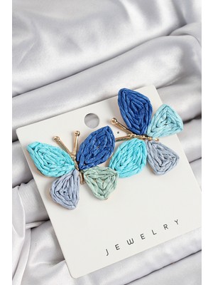 Pirinç Mavi Kelebek Model Gold Renk Kadın Hasır Küpe