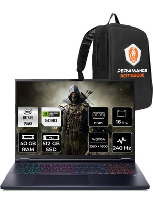 Acer Predator Helios Neo 16 Intel Core Ultra 9 275HX 40GB 512GB SSD RTX5060/8GB 16" Qhd+ Fdos Taşınabilir Bilgisayar & Per4 Çanta NHQVUEY001P326