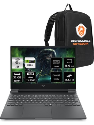 HP Victus 15 Core 5 210H RTX 5060 8GB 32GB RAM 4TB SSD 15.6" FHD 144Hz FreeDOS BV7V7EAPN324 Gaming Laptop + Per4 Çanta