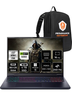 Acer Predator Helios Neo 16 Intel Core Ultra 9 275HX 80GB 4tb SSD RTX5060/8GB 16" Qhd+ W11H Taşınabilir Bilgisayar & Per4 Çanta NHQVUEY001P407