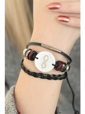 Siyah Renk Sonsuzluk ve Atatürk Imza Tasarım Çoklu Deri Bayan Bileklik - Lisinya