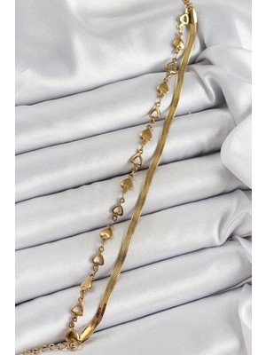 316L Çelik Gold Renk Kalpli Zincir ve Italyan Zincirli 2'li Kadın Bileklik - Lisinya