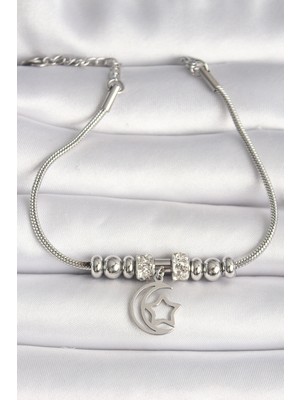 316L Çelik Gümüş Renk Tüp Zincir Zirkon Taş Detaylı Sallantı Ay Yıldız Figür Kadın Bileklik - Lisinya