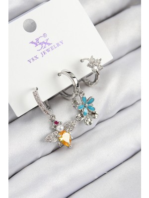 Pirinç Zirkon Taşlı 3'lü Arı ve Çiçek Model Gümüş Renk Kadın Küpe - Lisinya