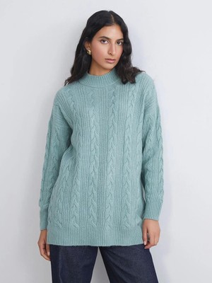 Dik Yaka Kendinden Desenli Kadın Triko Tunik  (W5)