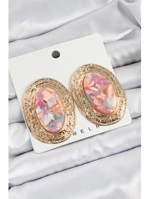 Pirinç Mermer Desenlli Pembe Sedef Oval Vintage Model Gold Renk Kadın Küpe - Lisinya
