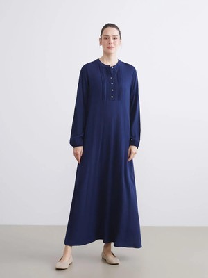 Hakim Yaka Düğme Detaylı Uzun Elbise  (W5)