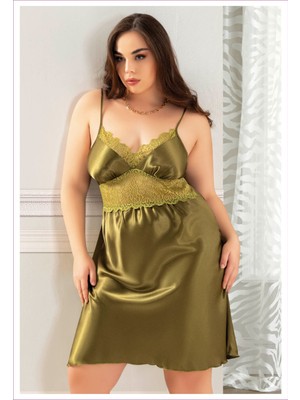 Miss Laris 4036 Haki Büyük Beden Dantelli Ip Askılı Sexy Saten Gecelik