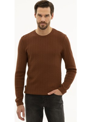 Pierre Cardin Erkek Kahverengi Slim Fit Bisiklet Yaka Triko Kazak 50230097-VR029