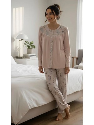 Nena Uzun Kol Robalı Önden Açık % 100 Pamuk Viskon 4 Mevsim Pijama Takımı -14949