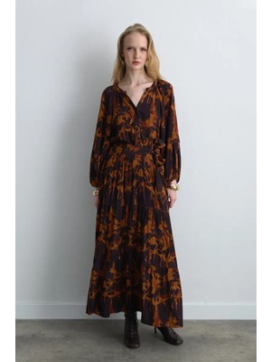 Gusto Anka Koleksiyonu Beli Kemerli Uzun Viskon Elbise - Mürdüm