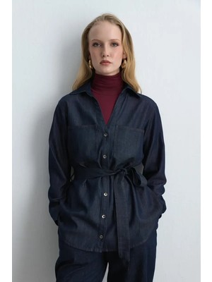 Gusto Beli Kemerli Tencel Denim Gömlek - Lacivert