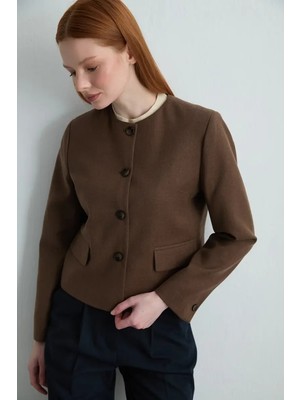 Gusto Yakasız Yünlü Ceket - Kahverengi