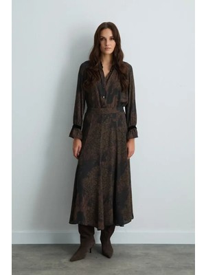 Gusto Anka Koleksiyonu Uzun Desenli Kloş Etek - Kahverengi