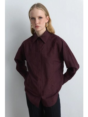 Gusto Çiçek Nakışlı Koton Gömlek - Bordo