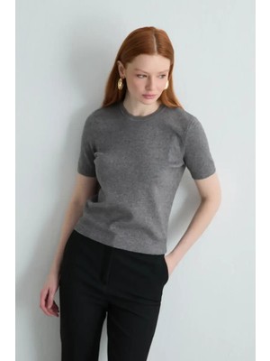 Gusto Kısa Kollu Triko Bluz - Gri