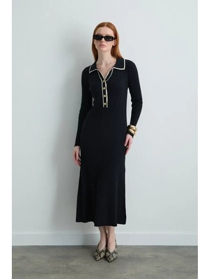 Gusto Düğme Detaylı Polo Yaka Triko Elbise - Lacivert