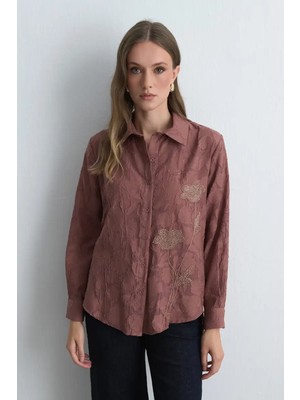 Gusto Jakar Desenli Nakışlı Gömlek - Gül Kurusu