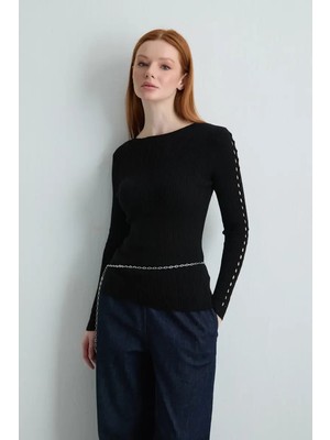 Gusto Kolları Delikli Triko Bluz - Siyah